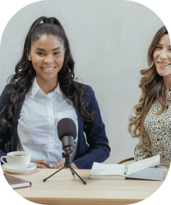 Vivacious Transformation - MARKETING - women speaking on podcast - rounded