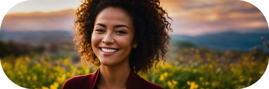 beautiful smiling woman in nature scene with flowers - how to choose a coaching niche