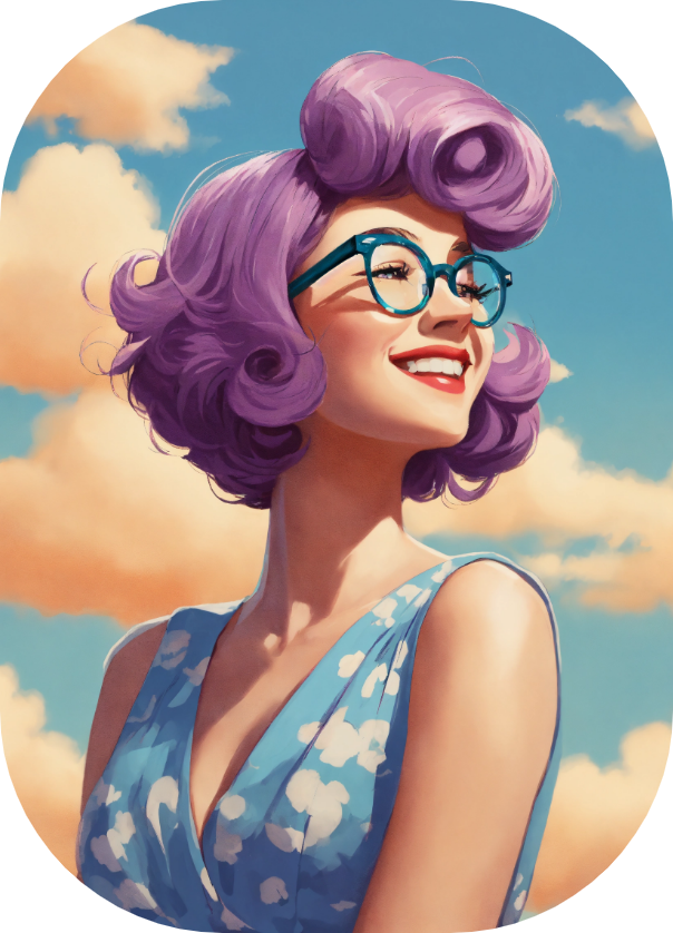 purple hair anime woman smiling in 1950 sky scene - manifest coaching clients with your mind